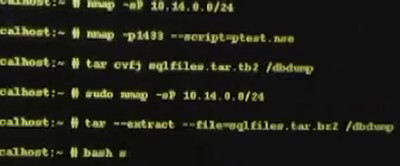Snowden's computer screen shows him running 'nmap -p1433 --script=ptest.nse' and 'sudo nmap -sP 10.14.0.0/24'